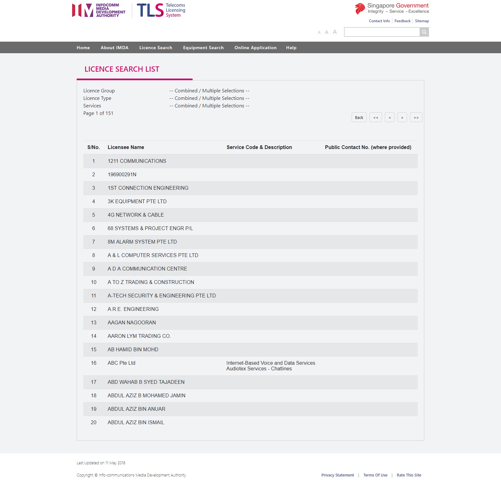 After the Licence Search List Page is displayed, and if there are